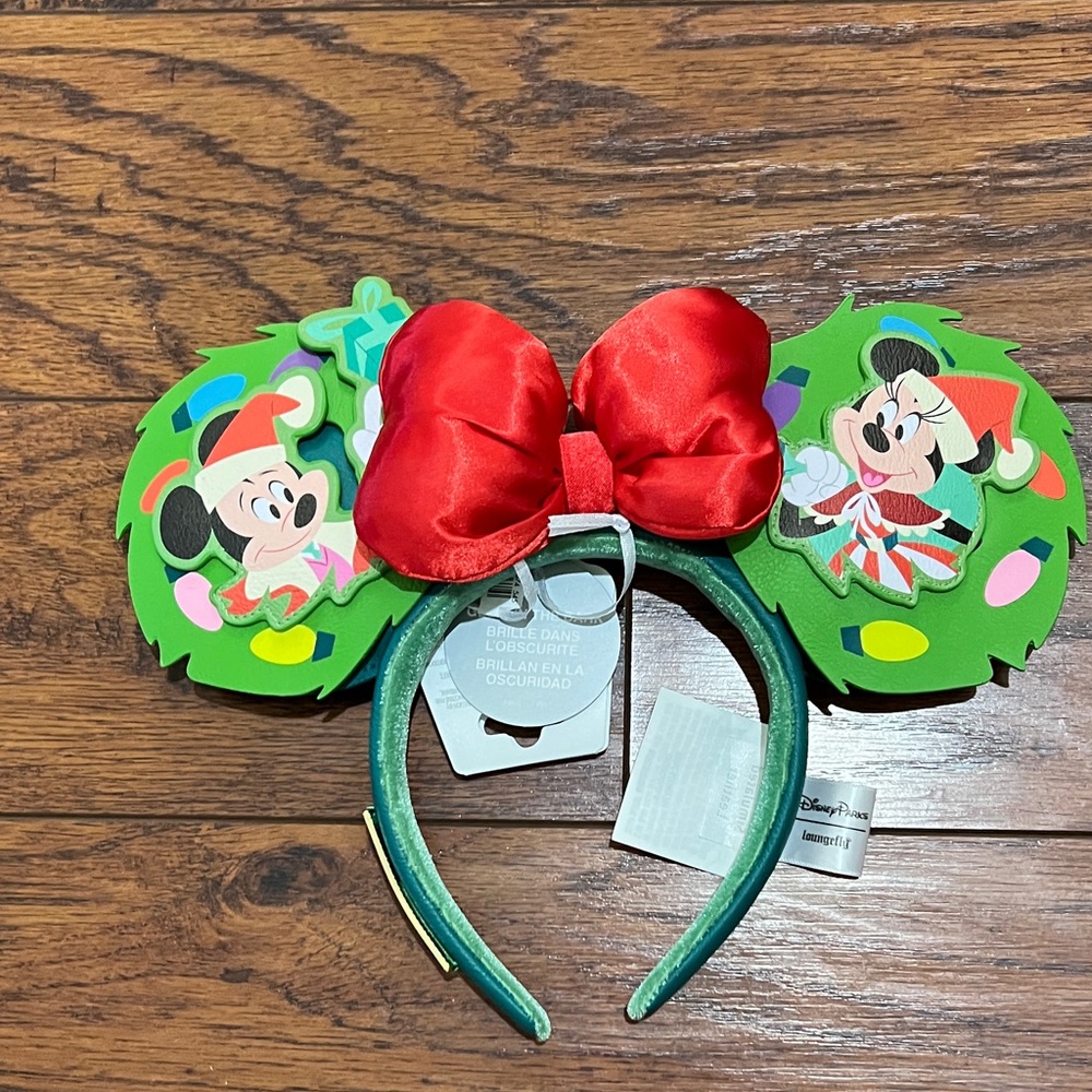 Disney Festive Mickey and Minnie Mouse Headband with Red Bow